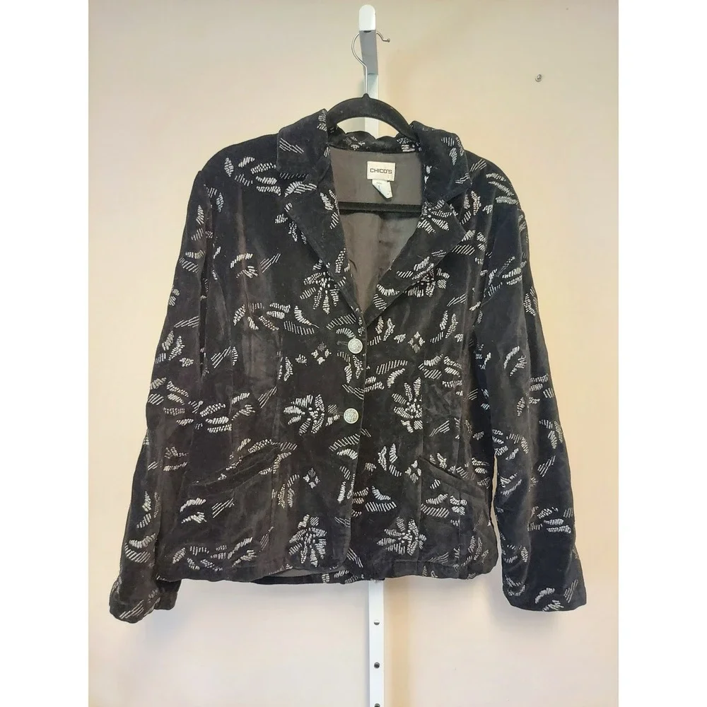 Chico's Black Cotton Velvet Blazer Silver Metallic Embroidery Jacket Size 2 L